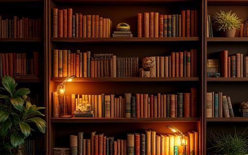 Bookshelf filled with books and reading lamps