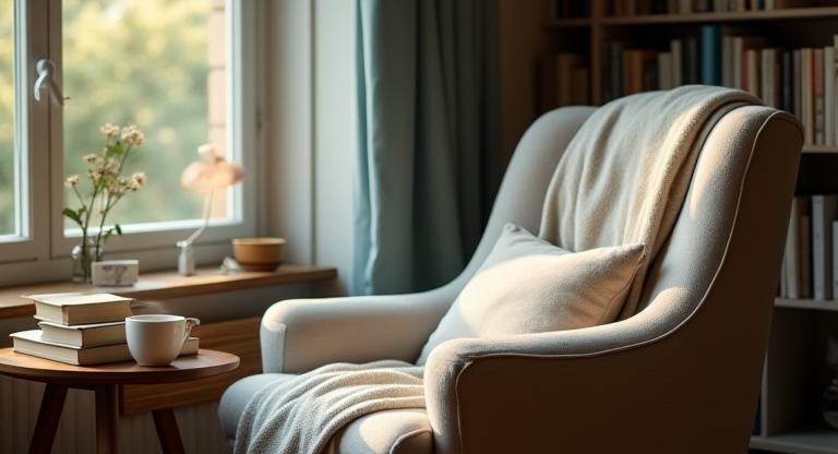 A cozy reading nook with a stack of books and a steaming mug